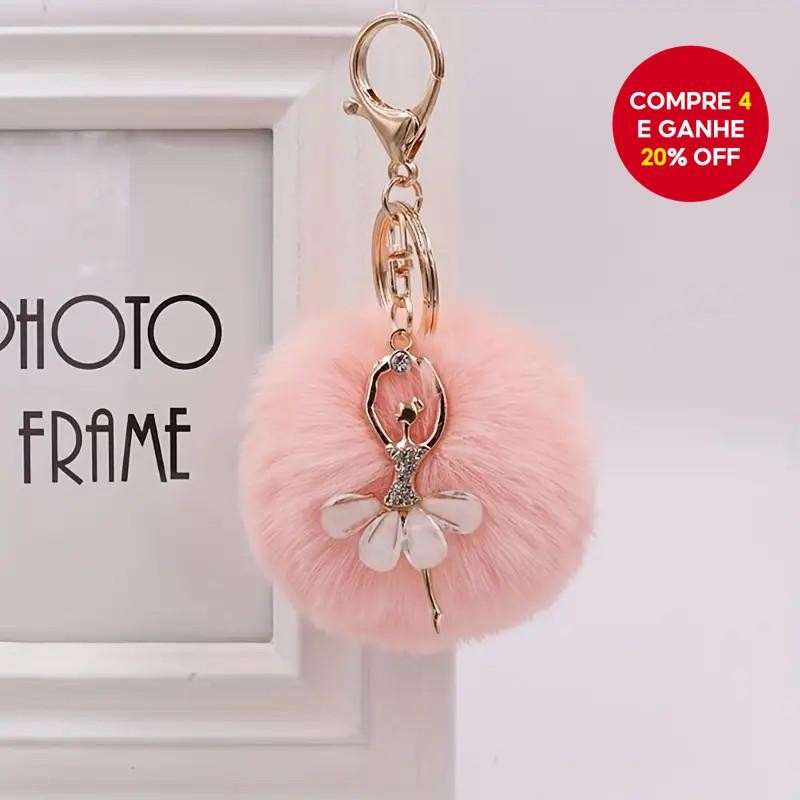 Chaveiro De Anjo De Cristal Pingente De Balé Com Pompom De Pele De Coelho Falsa Acessório De Carro