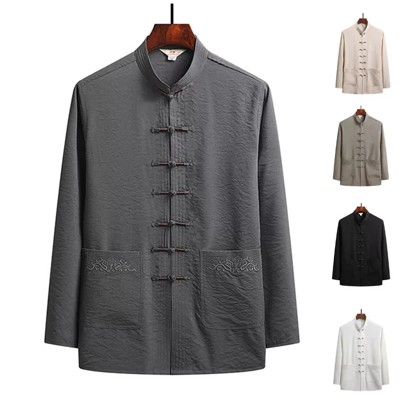 Terno Tang De Manga Comprida Masculino Seda Gelo Estilo Chinês Esportes Bordado Bolso Cardigan ZXR10