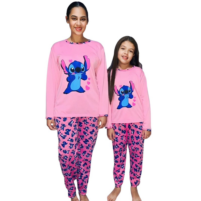 Kit pijama mãe e filha stitch inverno calça estampada malha blusa manga comprida personagens inverno