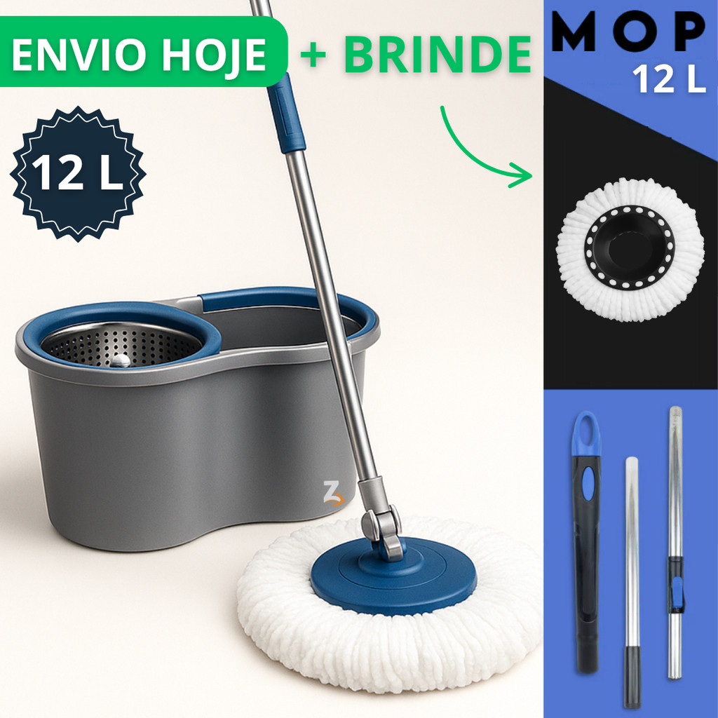 Mop Com Cabo Grande de 110 cm + 1 Refil – 12 Litros Cesto Em Inox – Balde Centrífuga Jatobraz