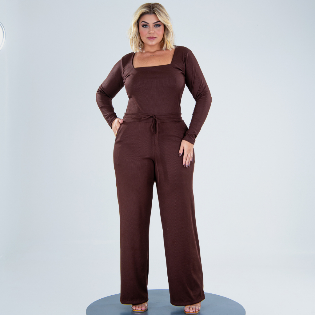 Conjunto De Frio Plus Size Manga Longa Calça Pantalona Wide Leg Chique Elegante  Alta Dia dos Namora