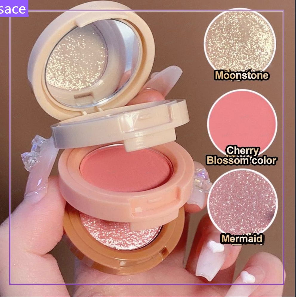 Paleta De Iluminador De Blush 3 Em 1 Pó Multifuncional De Três Camadas Perolado Sombra Brilhante