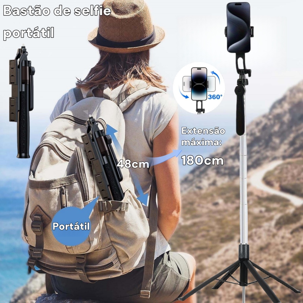 Bastão Pau de selfie Tripé Retrátil Com Luz LED 1.8m Controle bluetooth bastão de selfie 360° Outdoo
