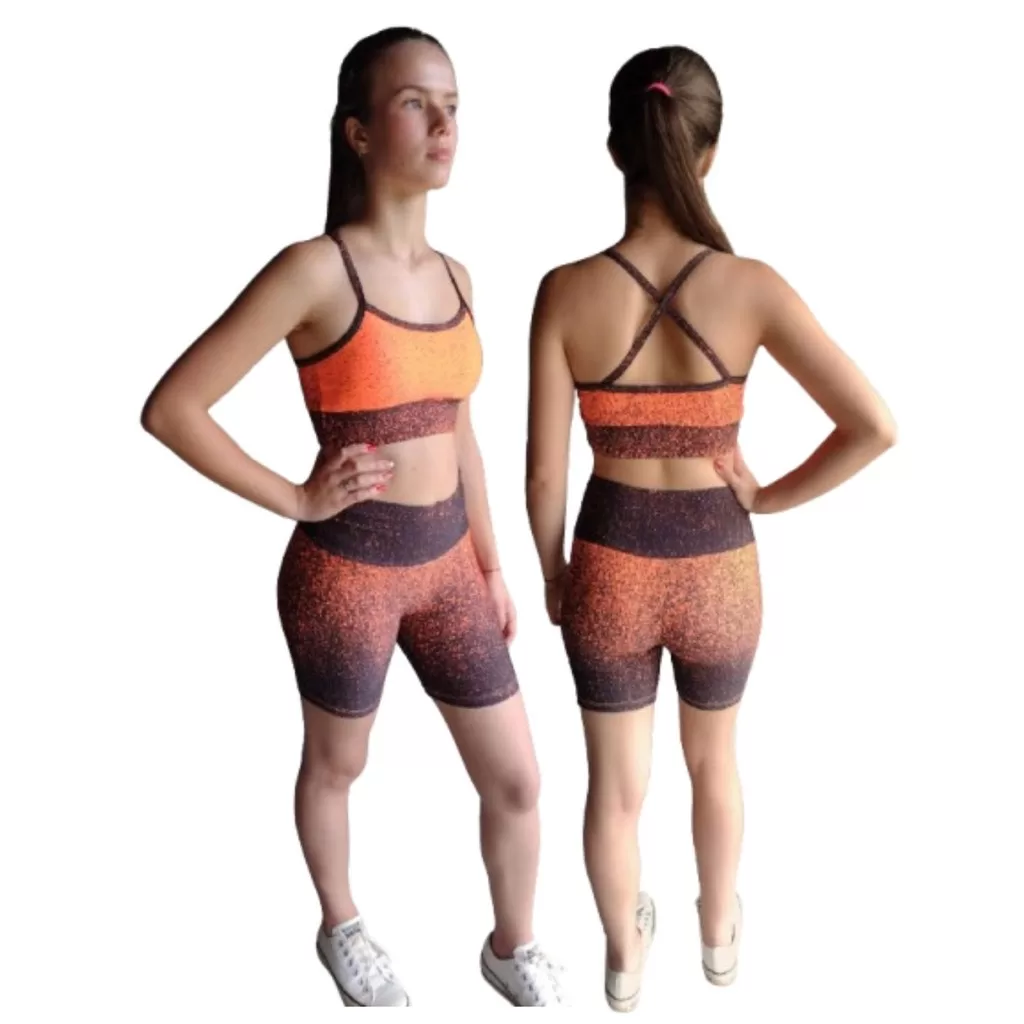 Conjunto Feminino Academia Short Cintura Alta e Top Degradê Com Bojo Removível