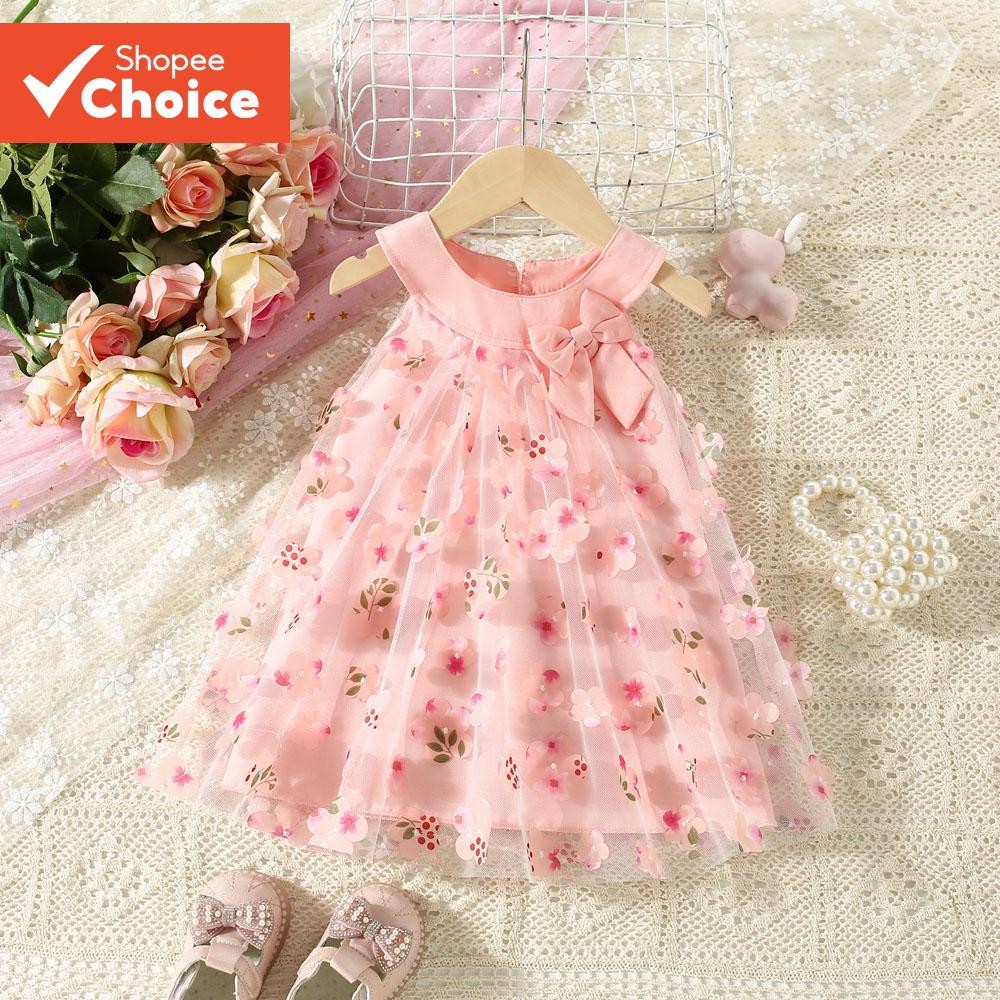 Adorável Vestido Infantil Feminino Sem Mangas Rosa Com Estampa Floral , Perfeito Para Festas E Uso D