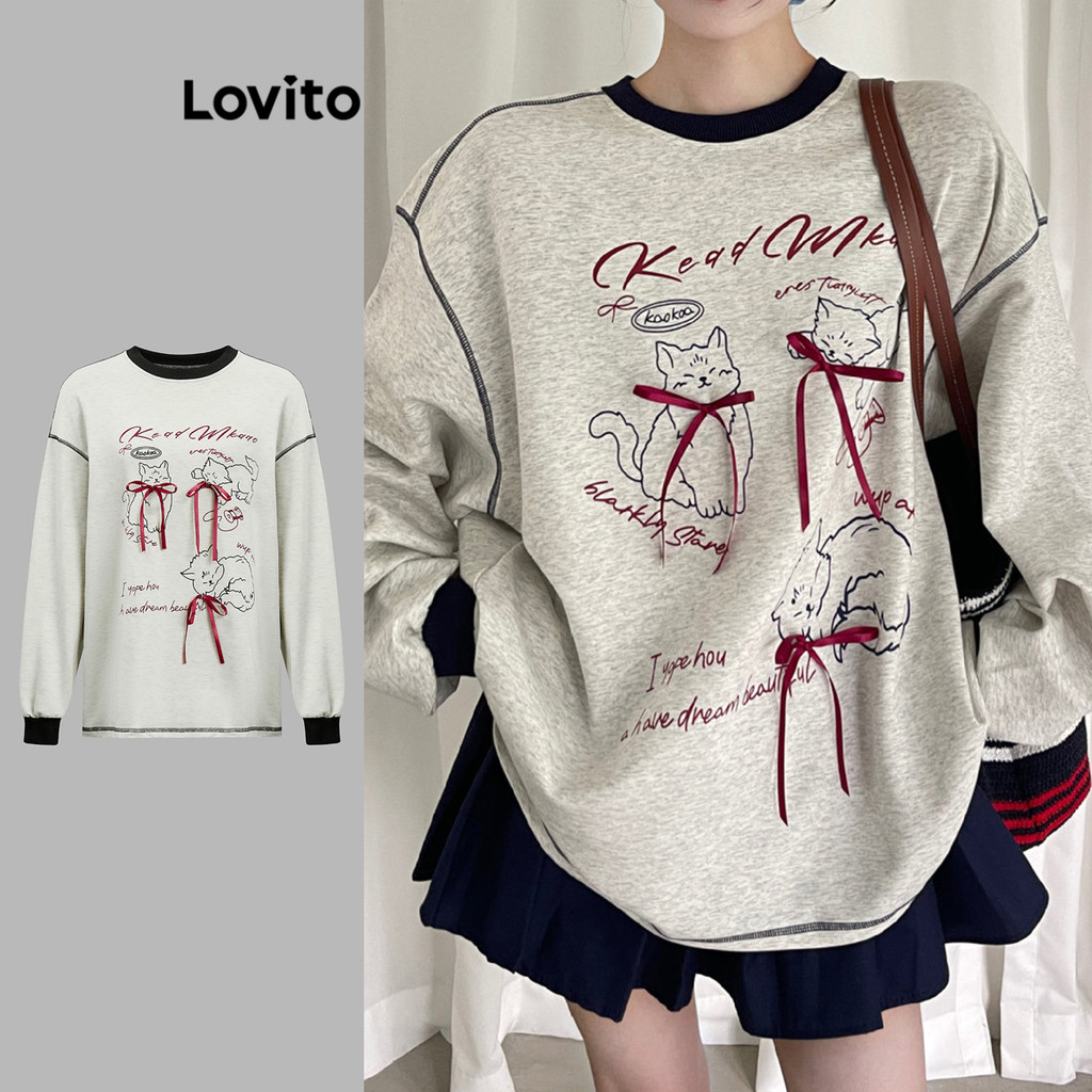 Lovito Moletom Casual Com Gola Contrastante E Laço De Desenho Animado Para Mulheres L110AD1296