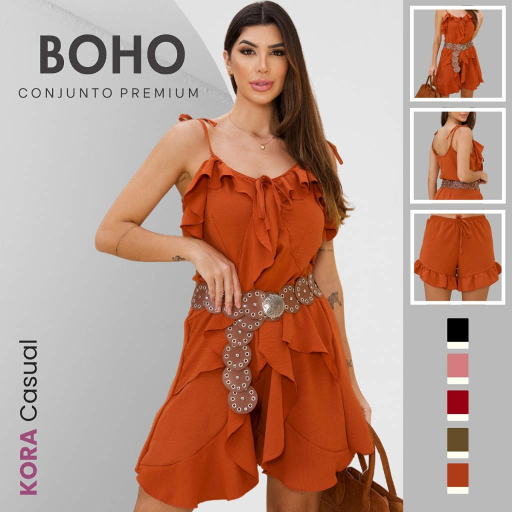 Conjunto Feminino Boho Bata e Short Elástico Forrado M e G Tecido Duna