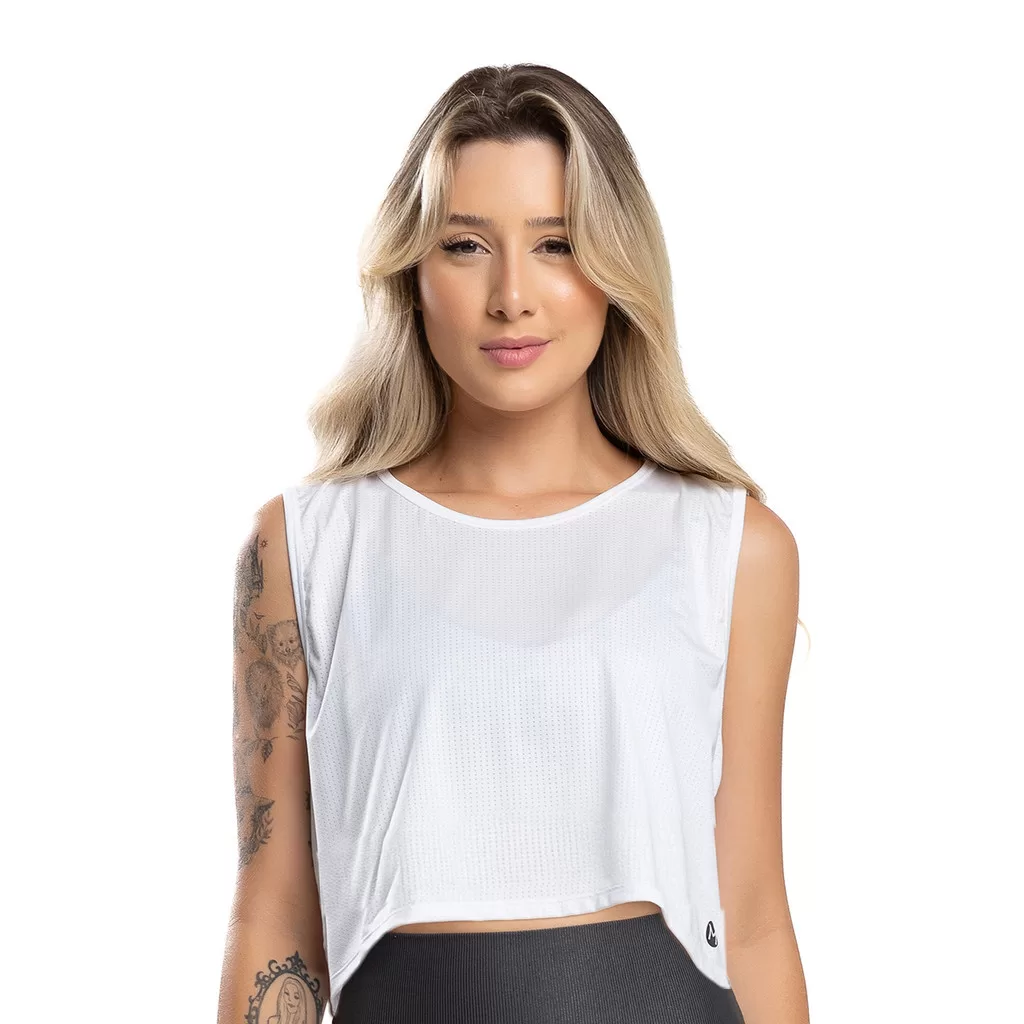 Regata Cropped Telinha Branca Dry Fit Branca Massam Fitness