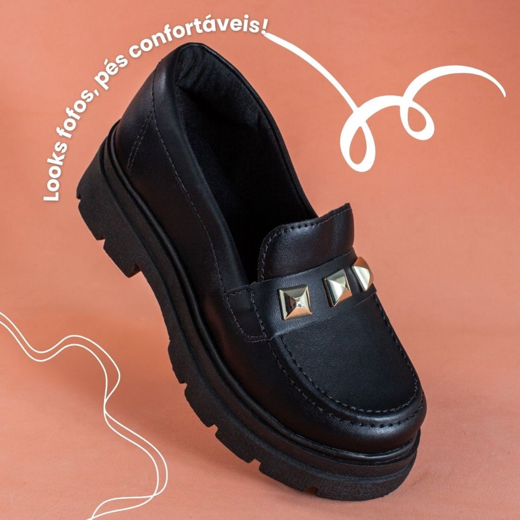 Sapato Mocassim Tratorado Infantil Menina Glady Preto Off White Dourado Confortável e Macio Novidade