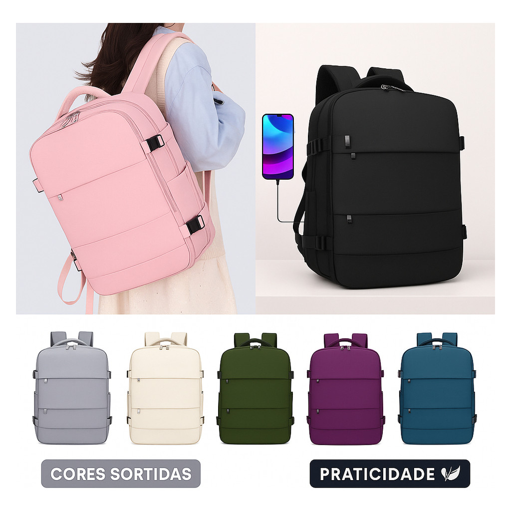Mochila Mala Grande Feminino Porta Sapato Ferias Entrada Usb