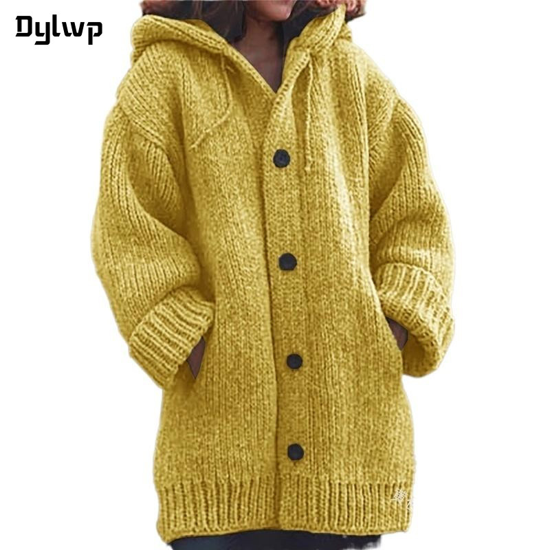 Casaco Longo De Malha Com Capuz Feminino Plus Size De Outono Inverno Manga Longa Cor Sólida Solto