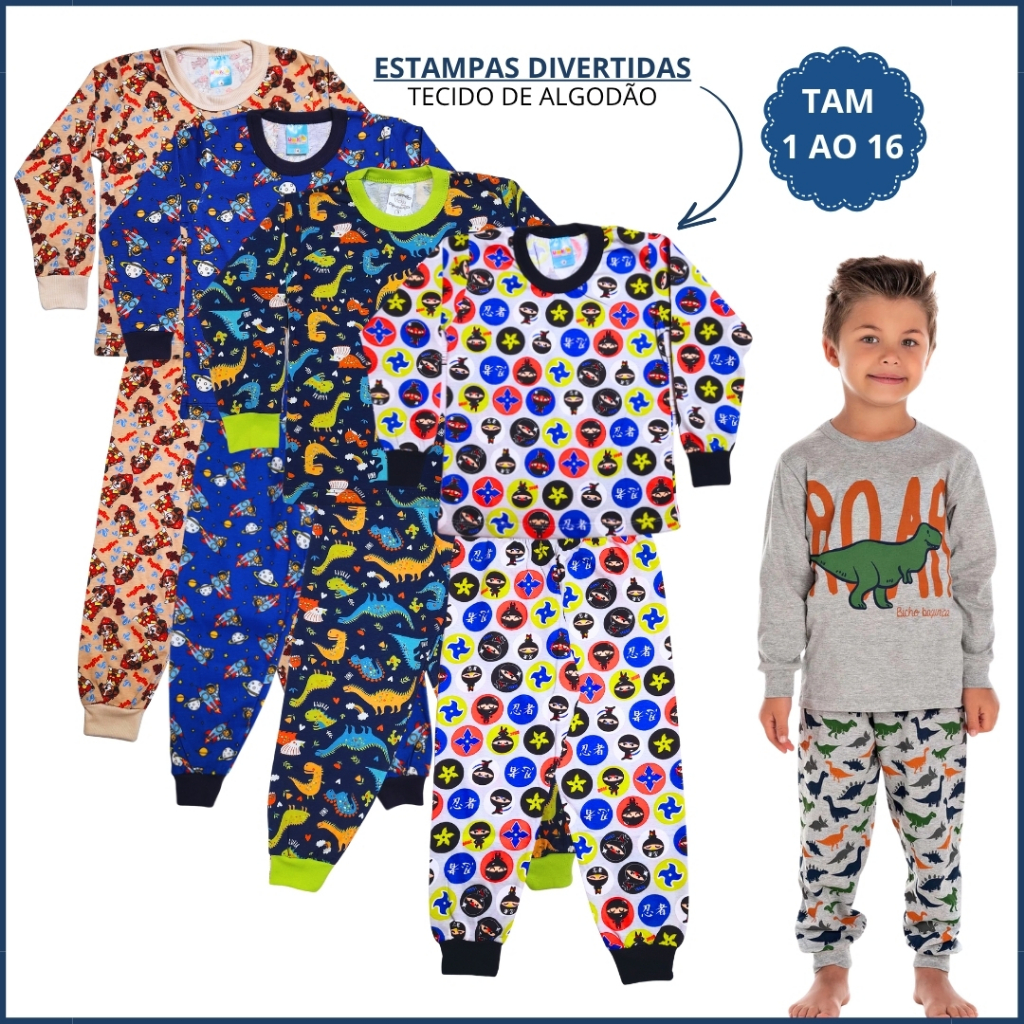 Kit 8 Peças Pijama Infantil Inverno Menino 4 Camiseta  4 Calças Masculina Punho Algodão 1 ao 16 anos