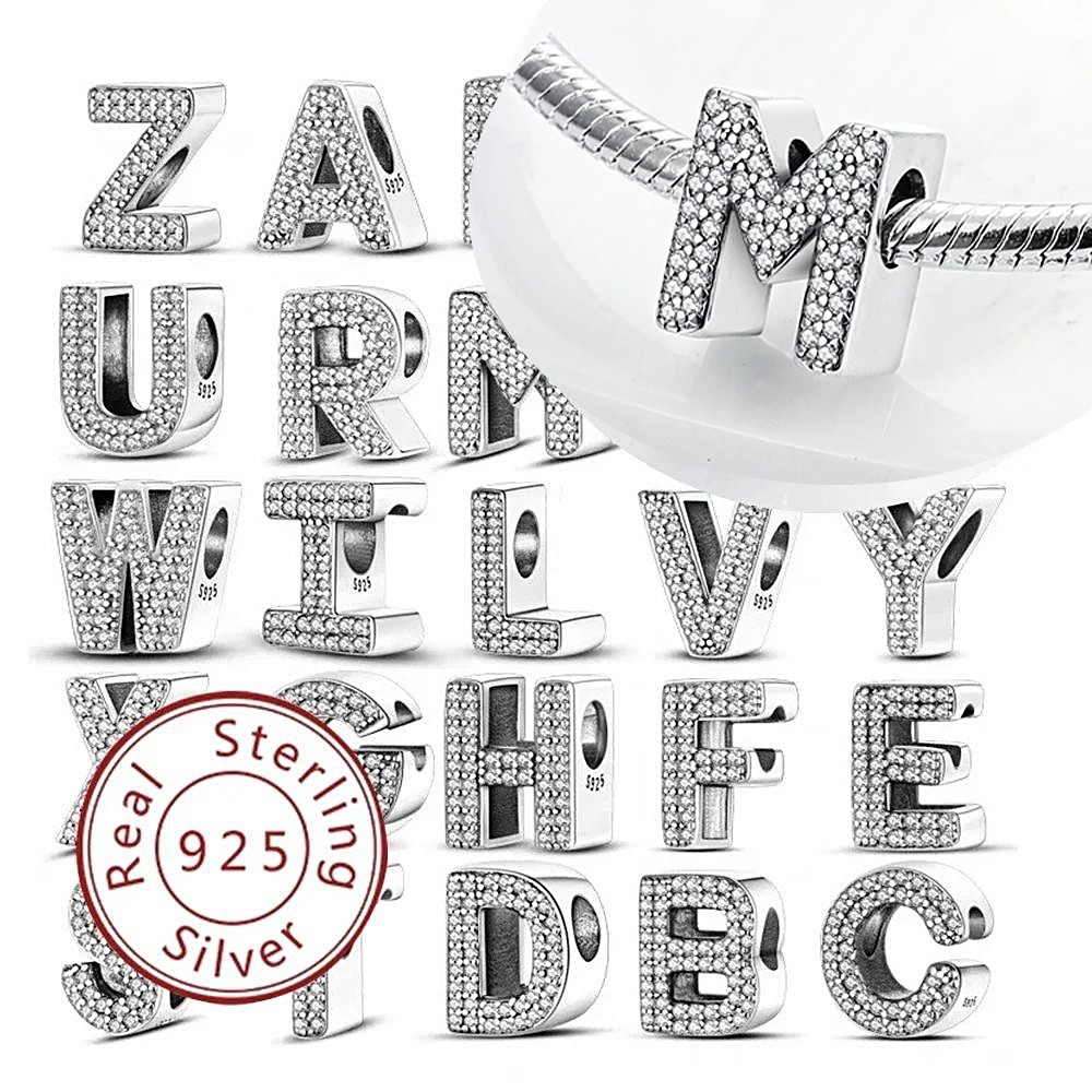 925 prata 26 letras Original diamante pingente contas para letras zircão pingente contas para pulsei