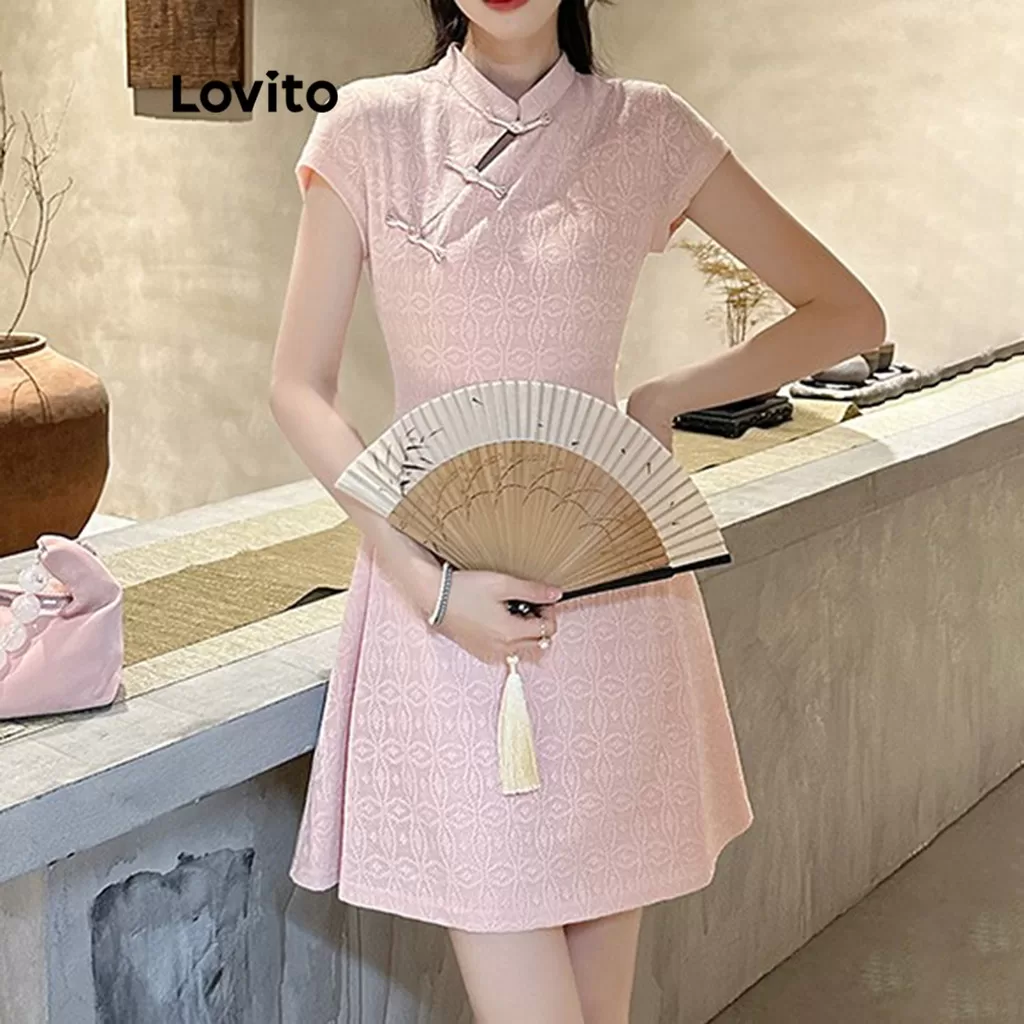 Lovito Casual Simples Botão Novo Estilo Chinês Vestido para Mulheres LNA83023