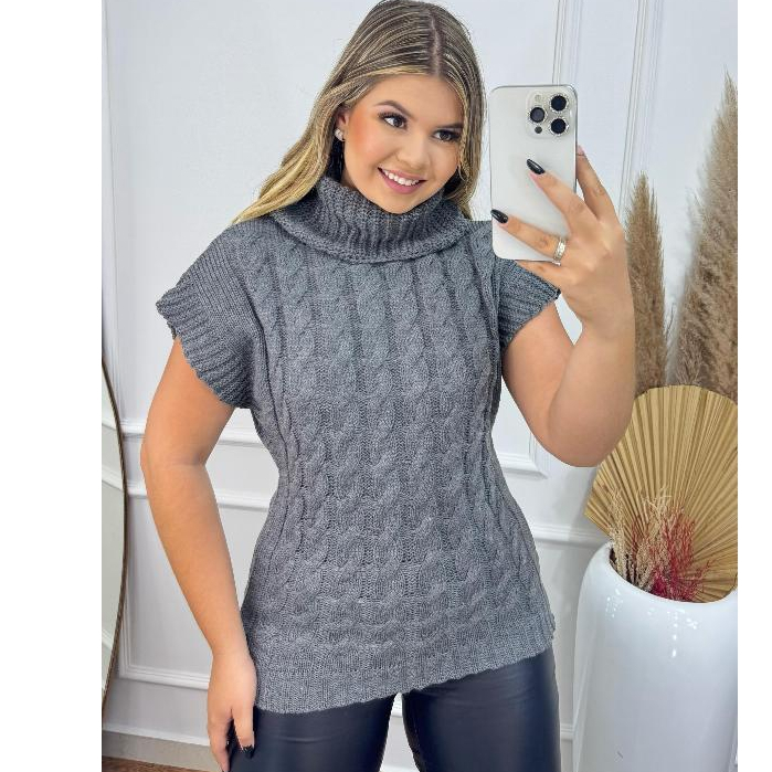 Max Colete Chumbo Feminino Tricô Trança Gola Alt