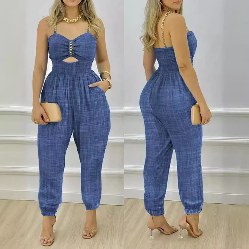 Algodão linho denim blue chain slings casual inserções bolsa sem costas envoltório no peito macacão(