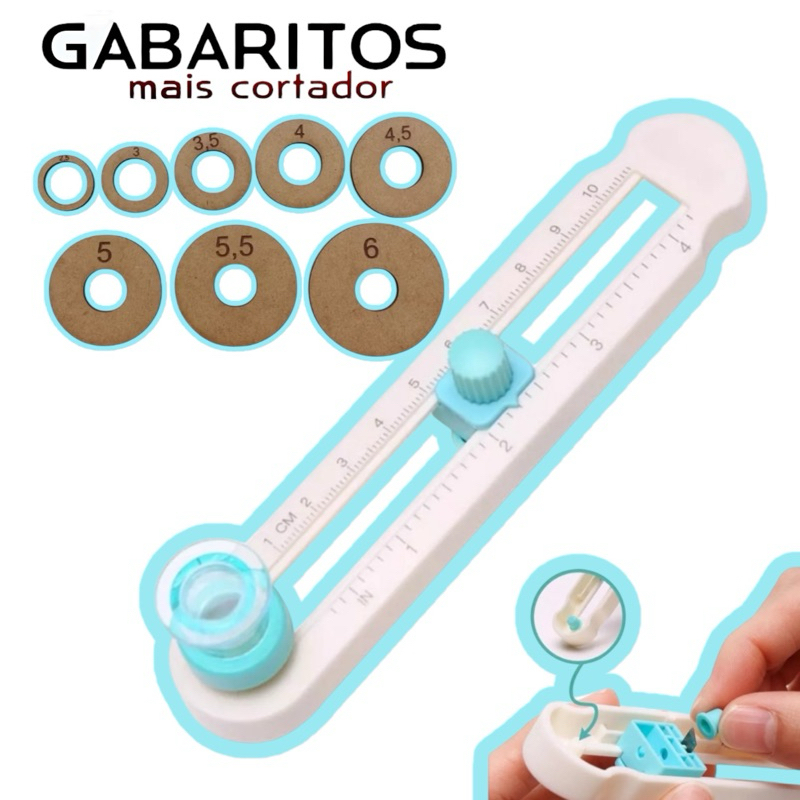 Kit 8 Gabaritos + Cortador Rotativo 360 graus| Círculos Perfeitos 2,5 a 6cm