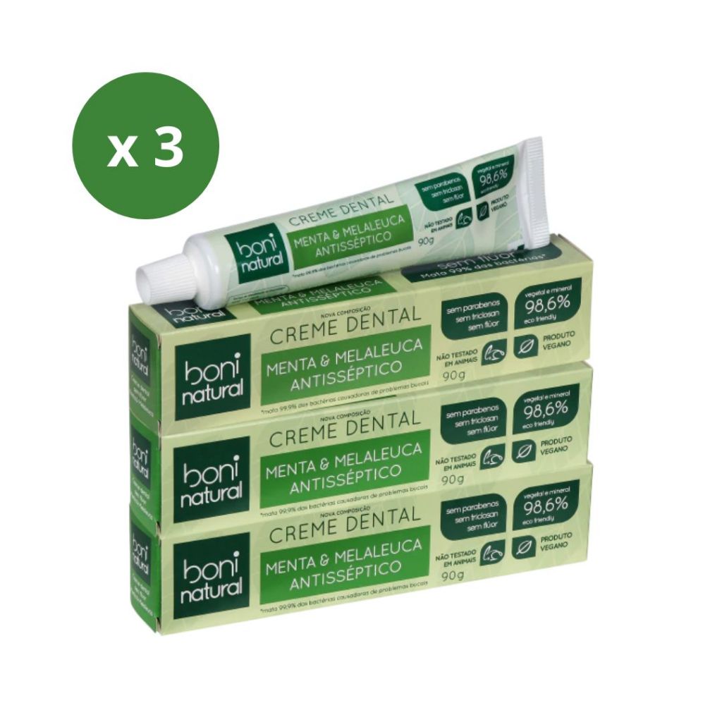 Kit 3 Creme Dental Boni Natural Menta e Melaleuca – Sem Flúor 90g