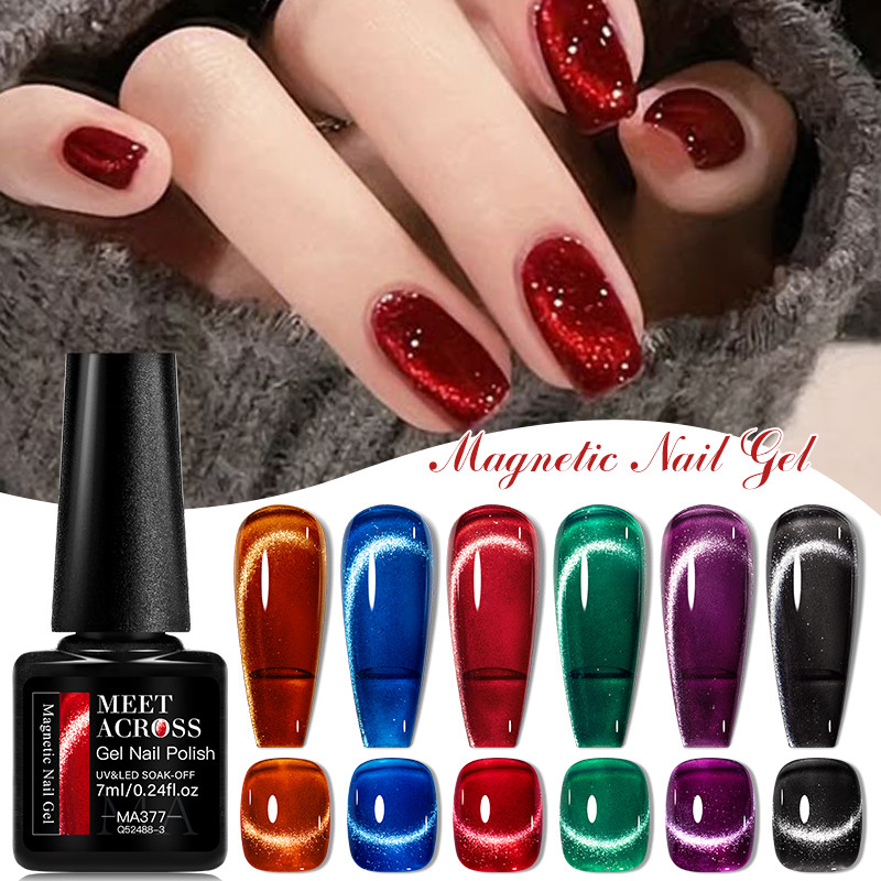 MEET ACROSS 7ml Shine Glitter Cat Magnético Unhas Gel Polonês Espumante Vermelho Semi Permanente Soa