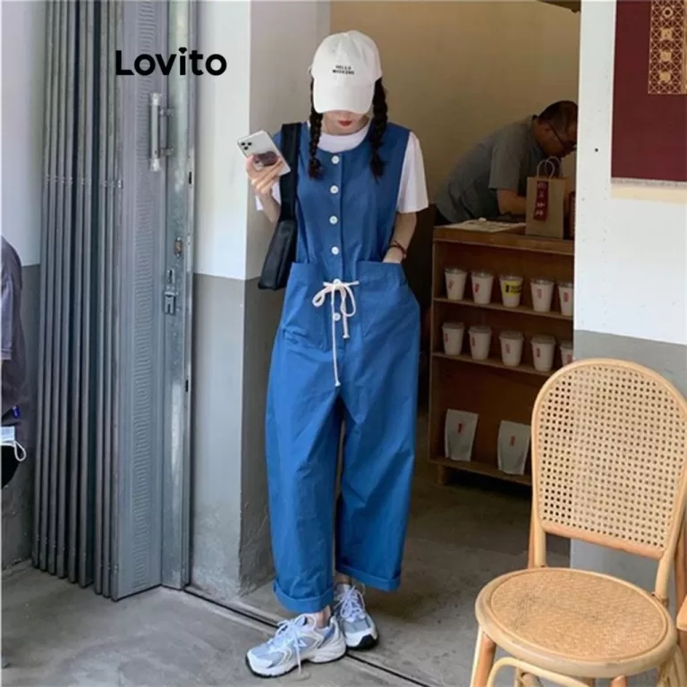 Lovito Macacão feminino casual com bolso e botão