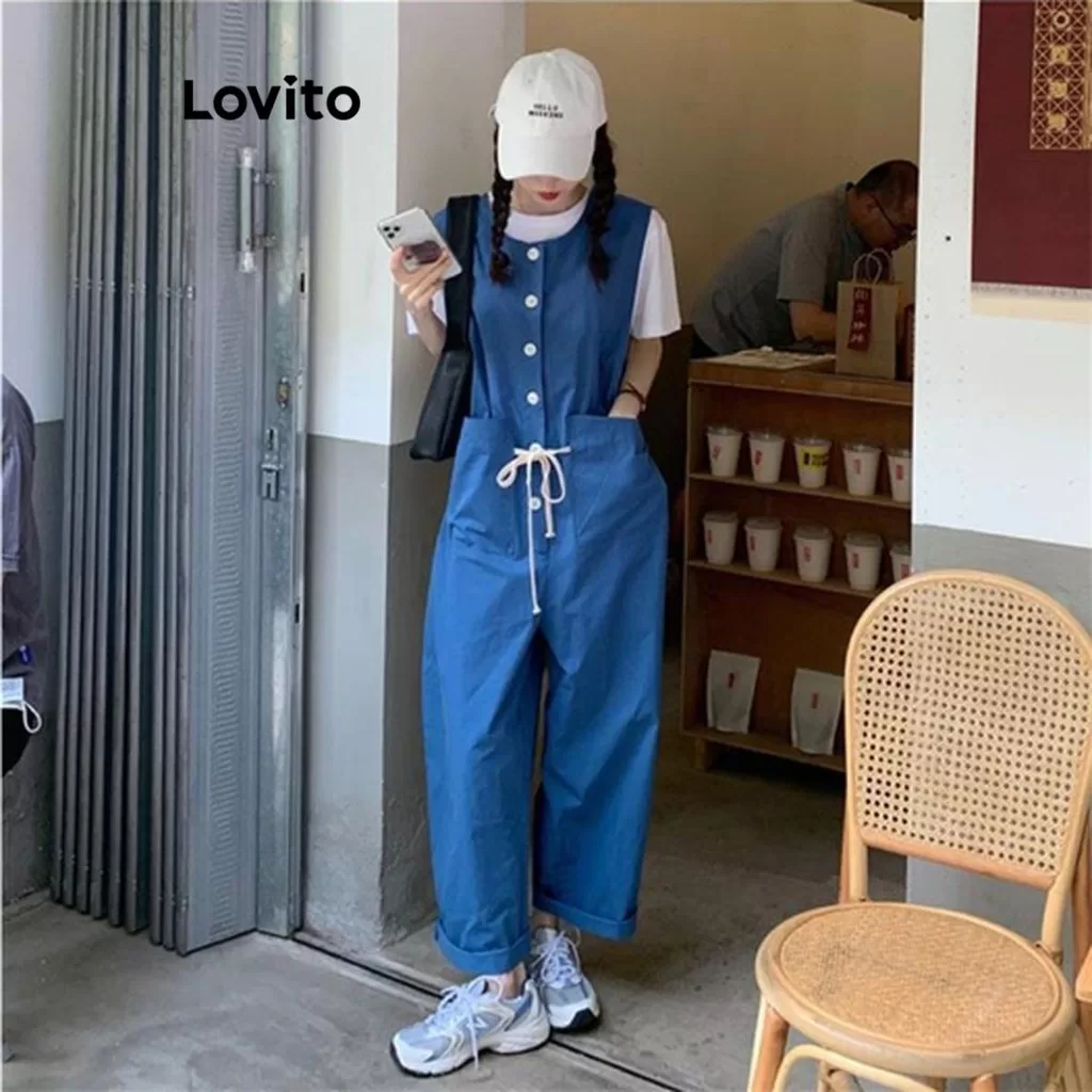 Lovito Macacão feminino casual com bolso e botão liso e cordão LNE70768