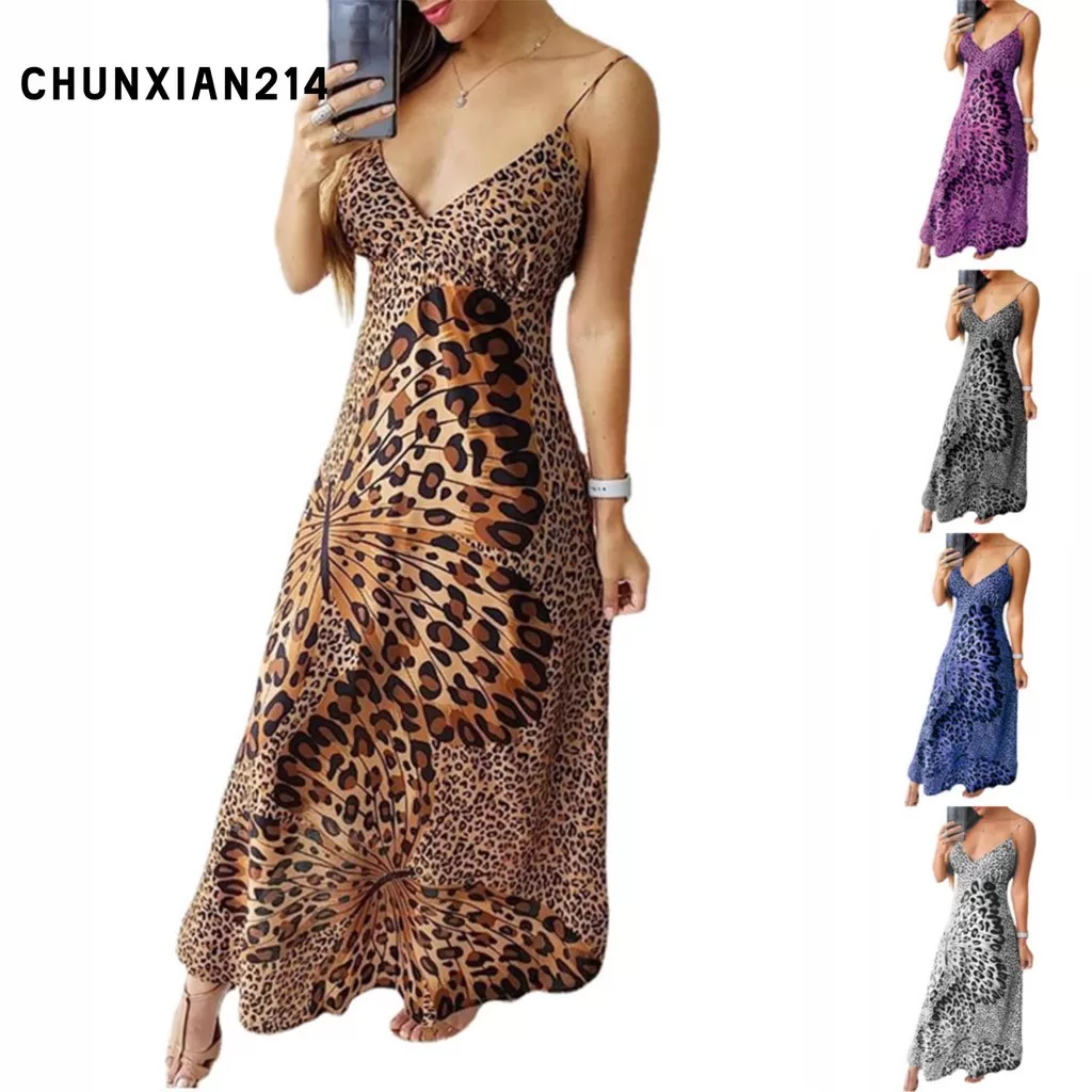 Vestido feminino com estampa de leopardo e estilingue com estampa de leopardo e estampa de borboleta