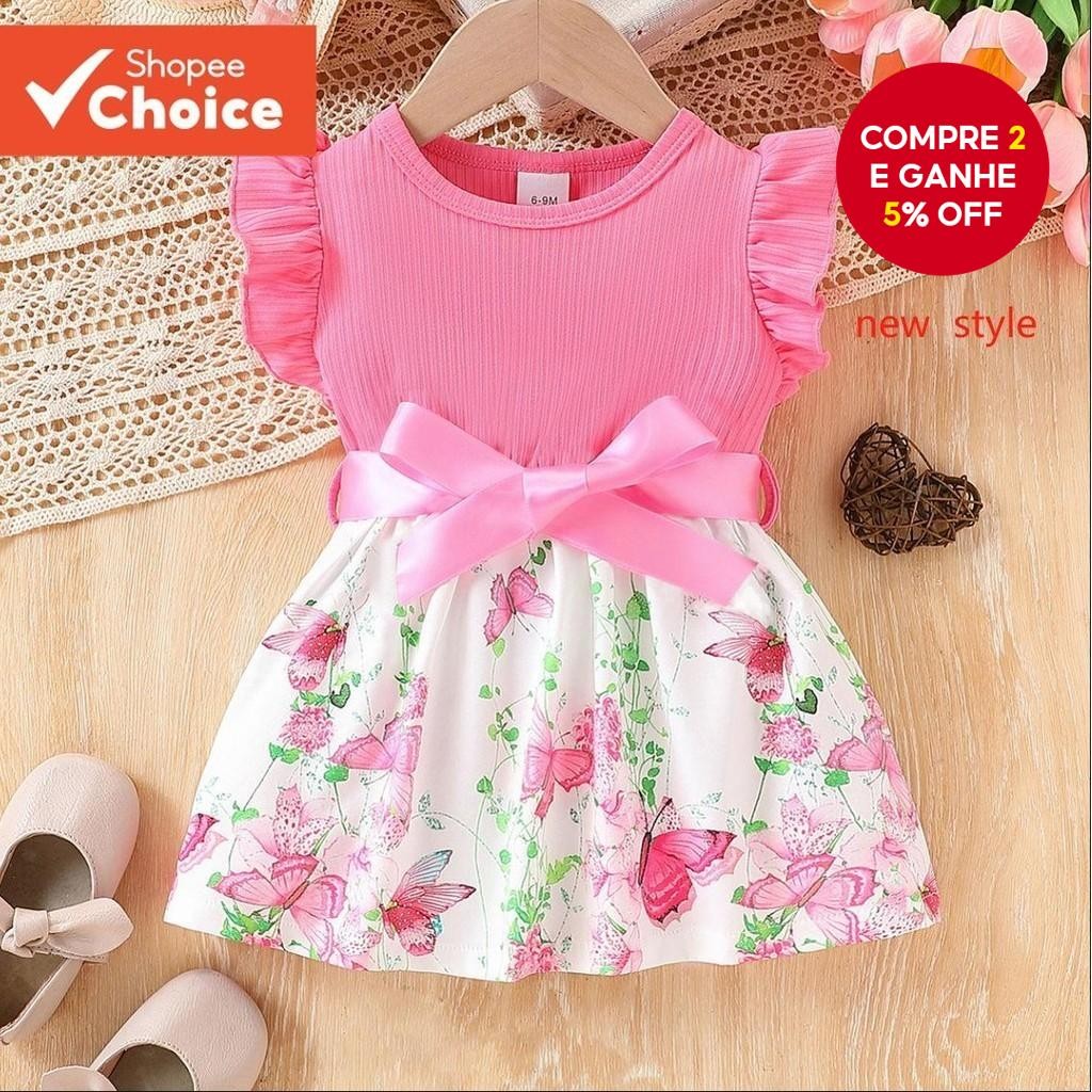 Vestido Floral Princesa Borboleta para Bebês de 6 a 36 meses, Conjunto de Verão Sem Mangas, Casual p