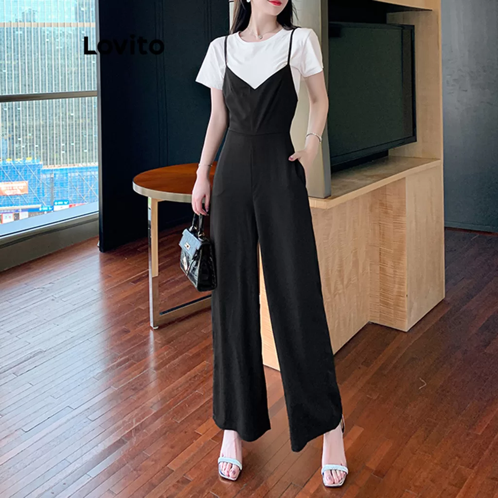 Lovito Macacão casual com estrutura lisa para mulheres LNM77344