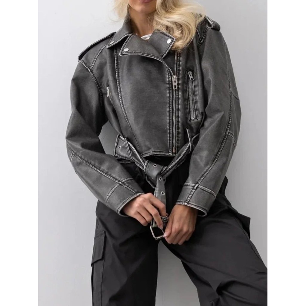 Novo Casaco Curto De Couro Vintage De Primavera Outono Com Cinto Mulher Streetwear Colarinho De Giro