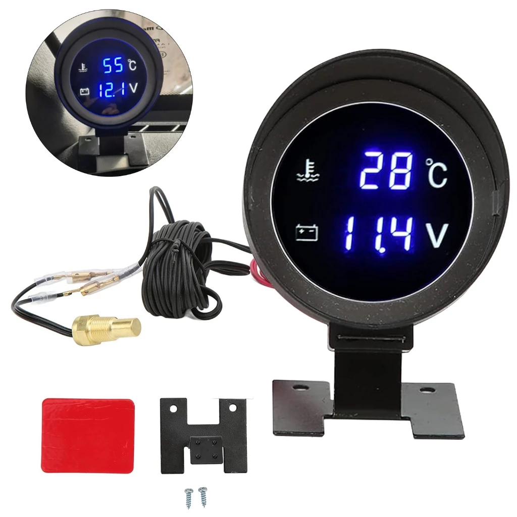 Medidor De Temperatura Água De Caminhão Digital LCD Redondo Sensor Moto + Voltímetro Voltagem