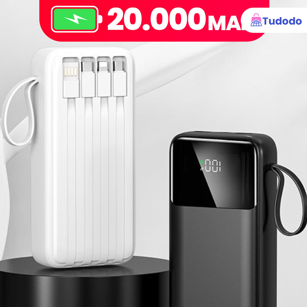 Power Bank 20000mAh: Ultra-Rápido, Carregador Portátil, Visor Digital e 4 Portas USB