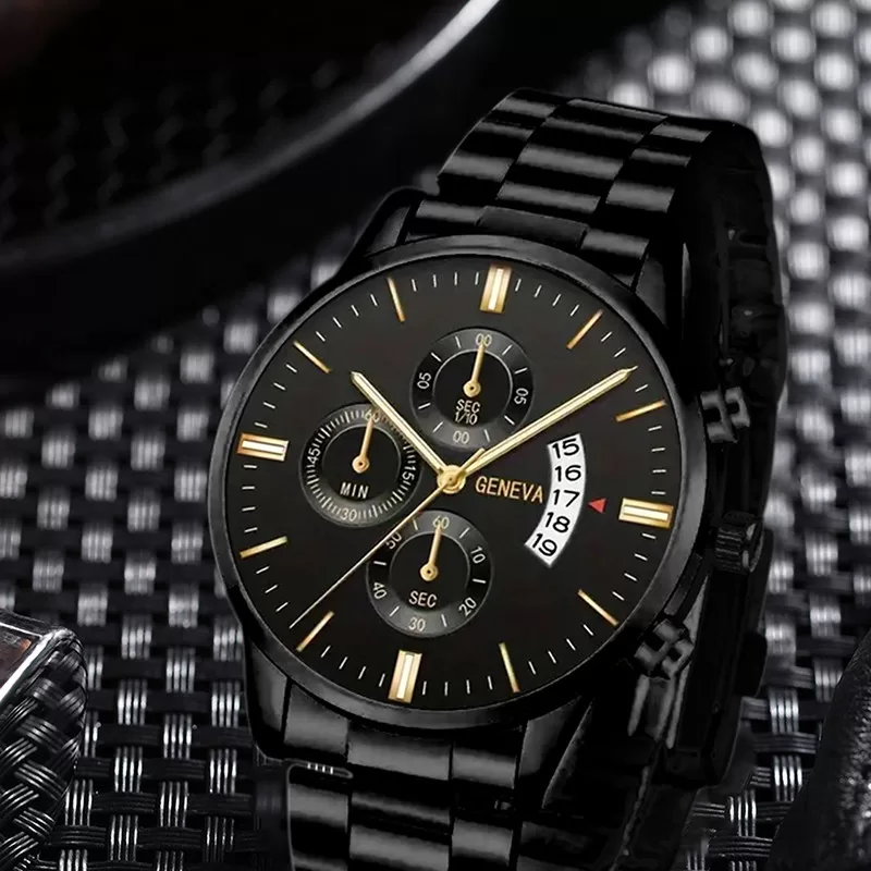 Moda Masculina Preto Relógio De Aço Inoxidável Calendário Luxo Pulso Quartzo Relógios De Negócios Pa