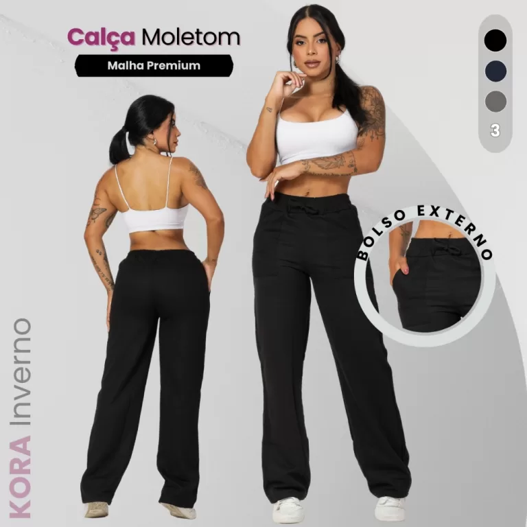 Calça Moletom Feminina Com Bolso Externo e Cordã