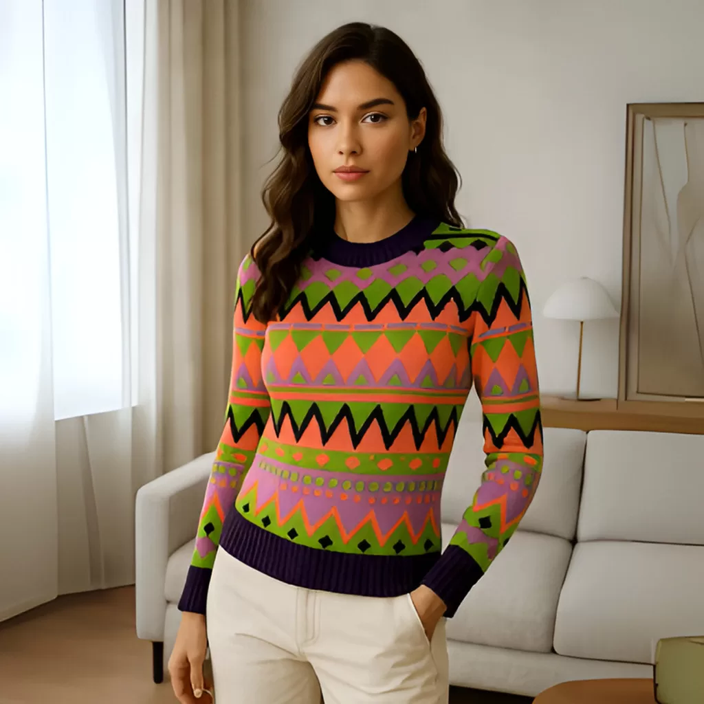 Blusa Sueter Feminino Manga Longa em Tricot Mosaico Estilosa e Diferenciada