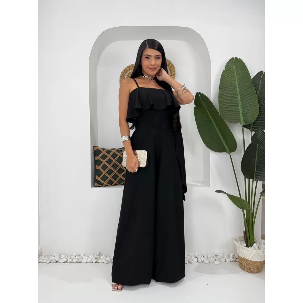 Macacão feminino longo Alfaiataria c/ alça eDetalhes