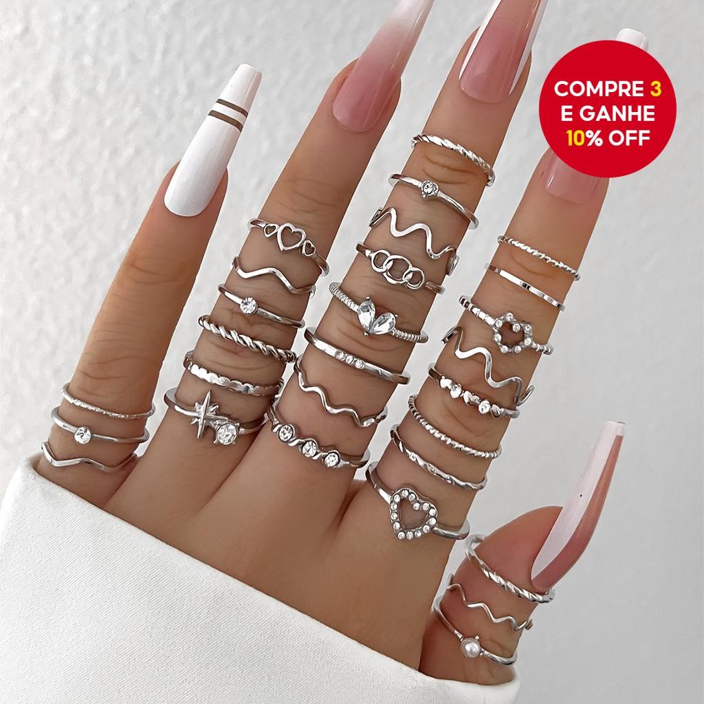 Conjunto De Anel De Estrela De Coração Com 28 Peças Para Mulheres , Design Geométrico De Onda Oca ,