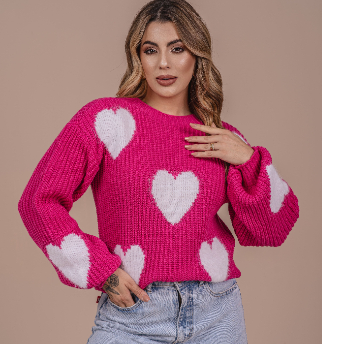 Blusa Pink Rosa Coração com Pelinho Feminina Tri