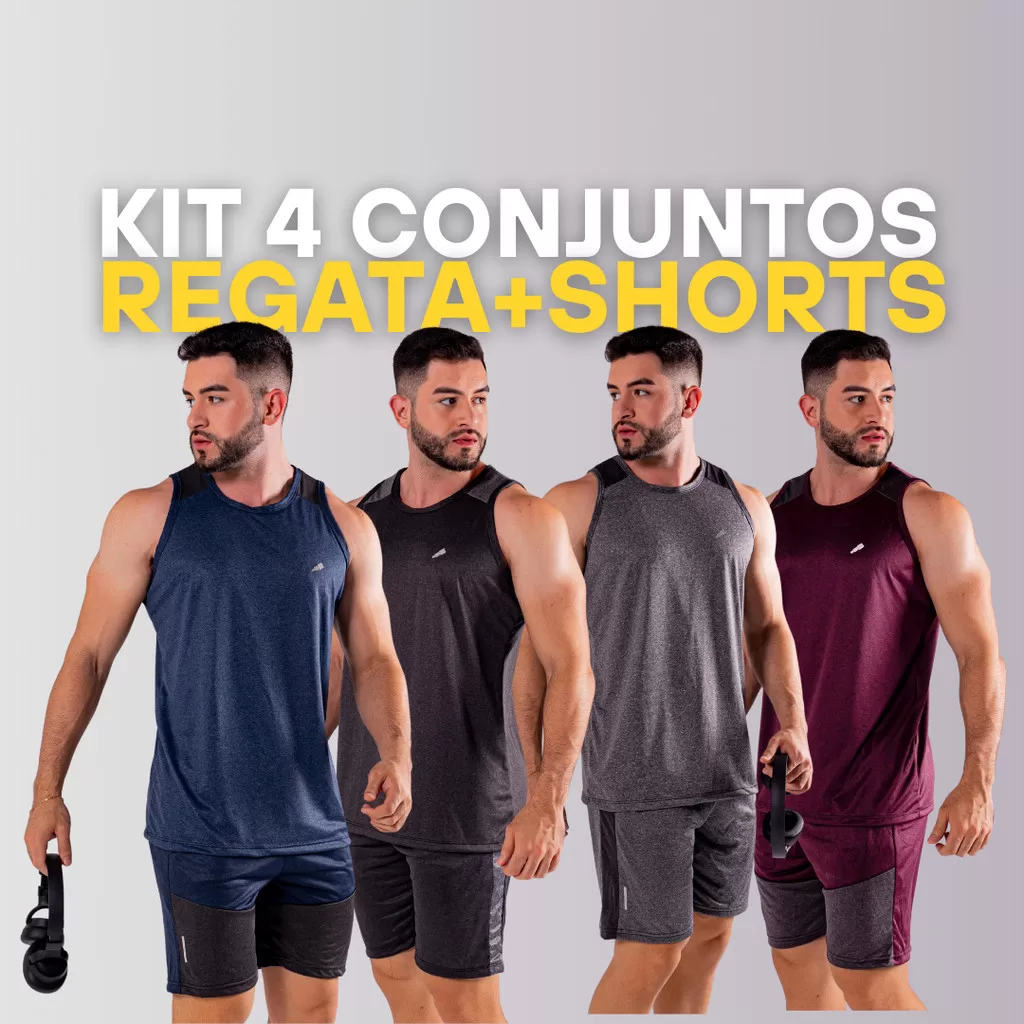 Kit 4 Conjunto Masculino Camiseta sem Manga + Bermuda Academia Dry Fit Regata + Short
