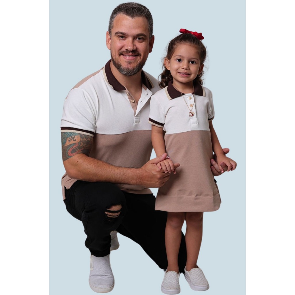 Kit pai e filha camisa e vestido polo off white