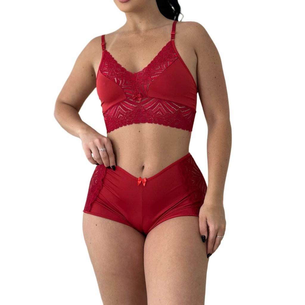 Baby Doll com Short Curto Detalhado em Renda Confortável Pijama Feminino Edumara