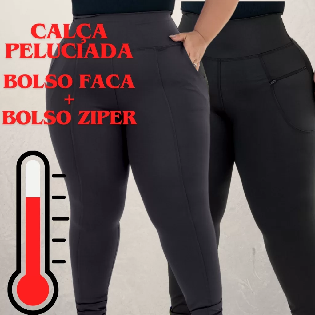 Kit 2 Calças Legging Peluciada Feminina Plus Size Bolso Faca e Bolso Ziper Flanelada GG ao G4