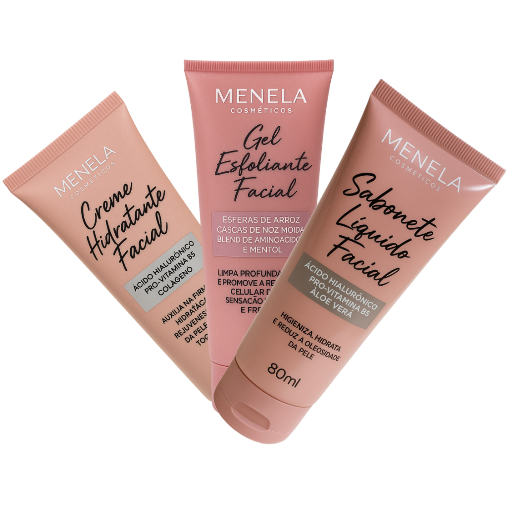 Kit Facial MENELA com 3 Itens  Limpeza, Esfoliação e Hidratação