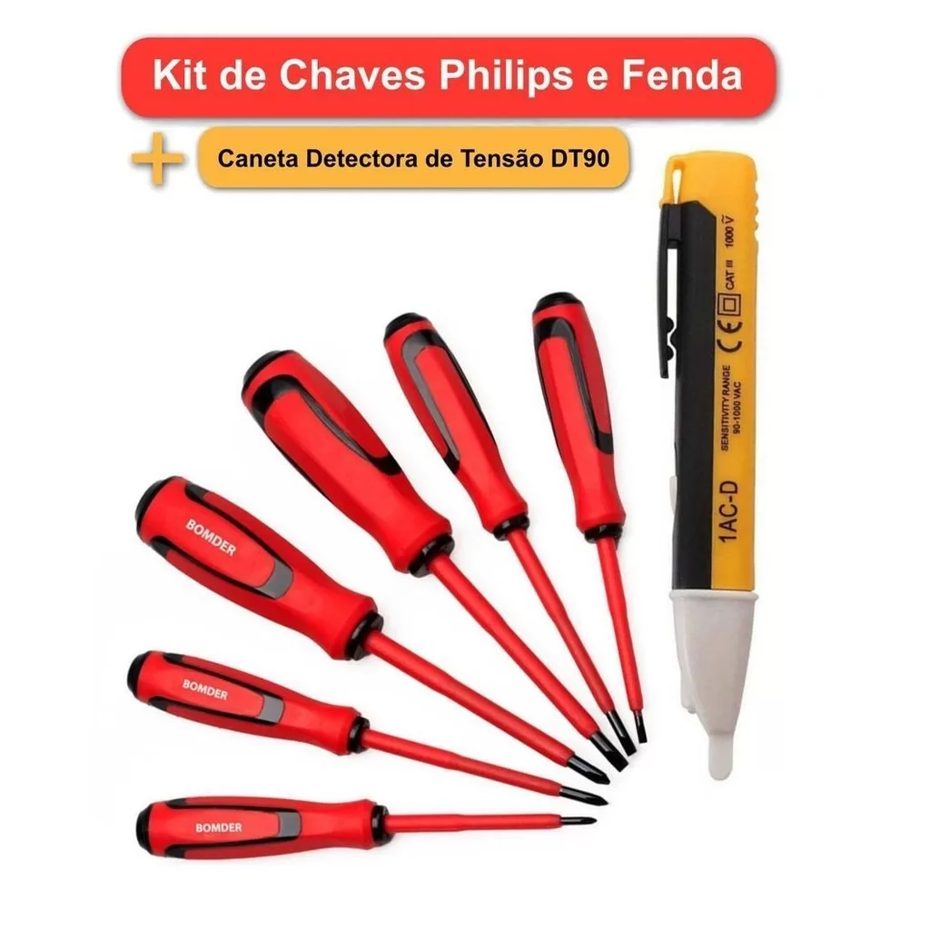 Chaves Philips e Fenda com Cabo Isolado e Detector de Tensão para Projetos e Reparos Elétricos