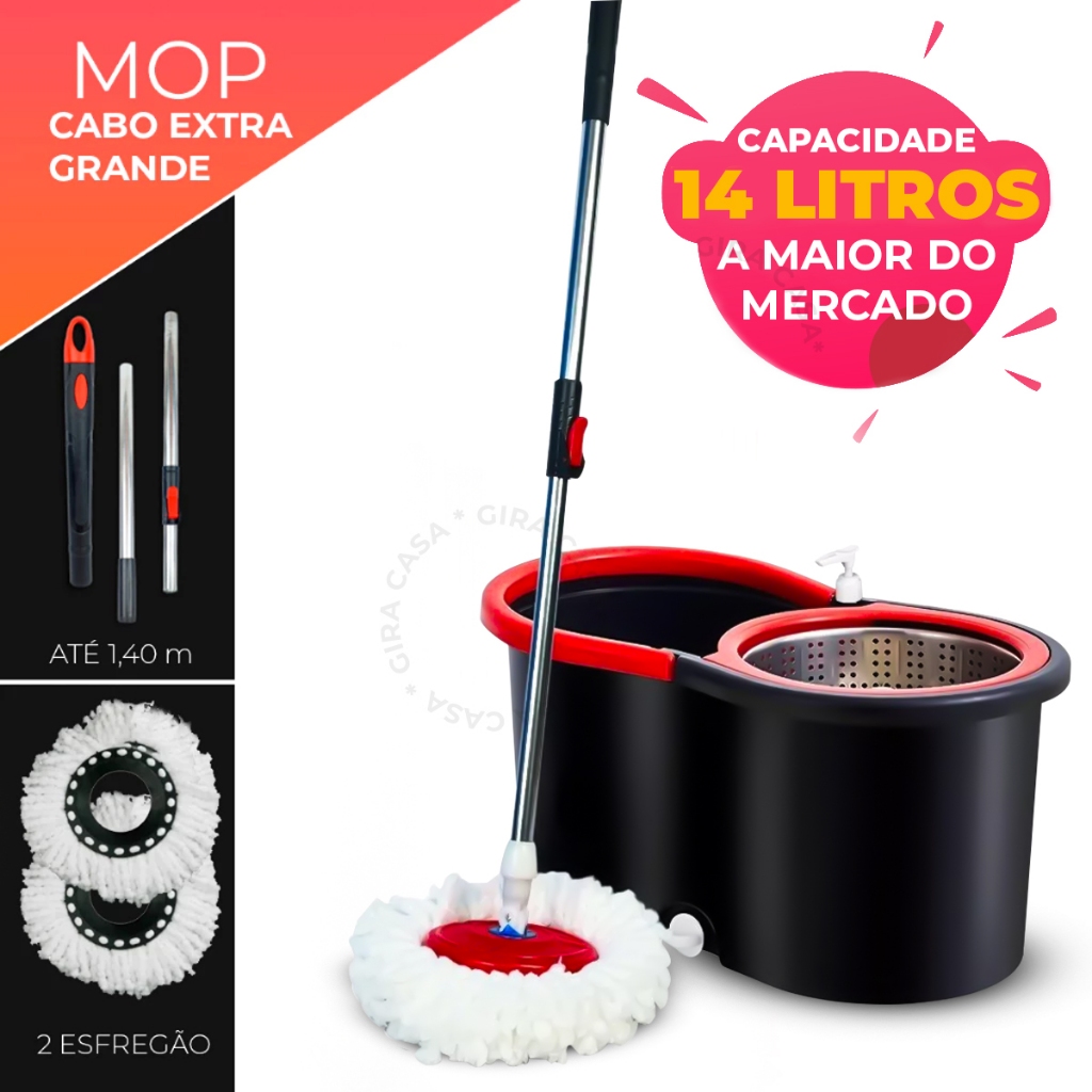 Mop Giratorio 14 litros Com cabo de 140 cm Cesto Em Inox Balde Centrífuga E Rodinhas – Com 2 Refil