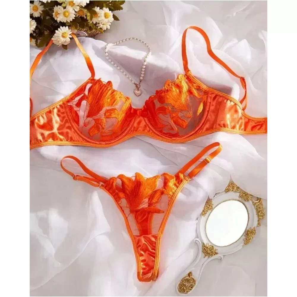 Roupa íntima bordada com flores frescas pequenas, sutiã de renda, terno feminino