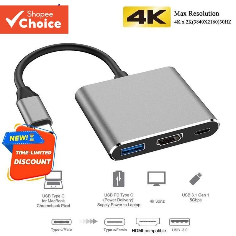 Tipo C Porta USB HUB 3 Em 1 4K Adaptador HDMI USB3.0 PD 87W Adaptadores De Metal OTG De Carregamento
