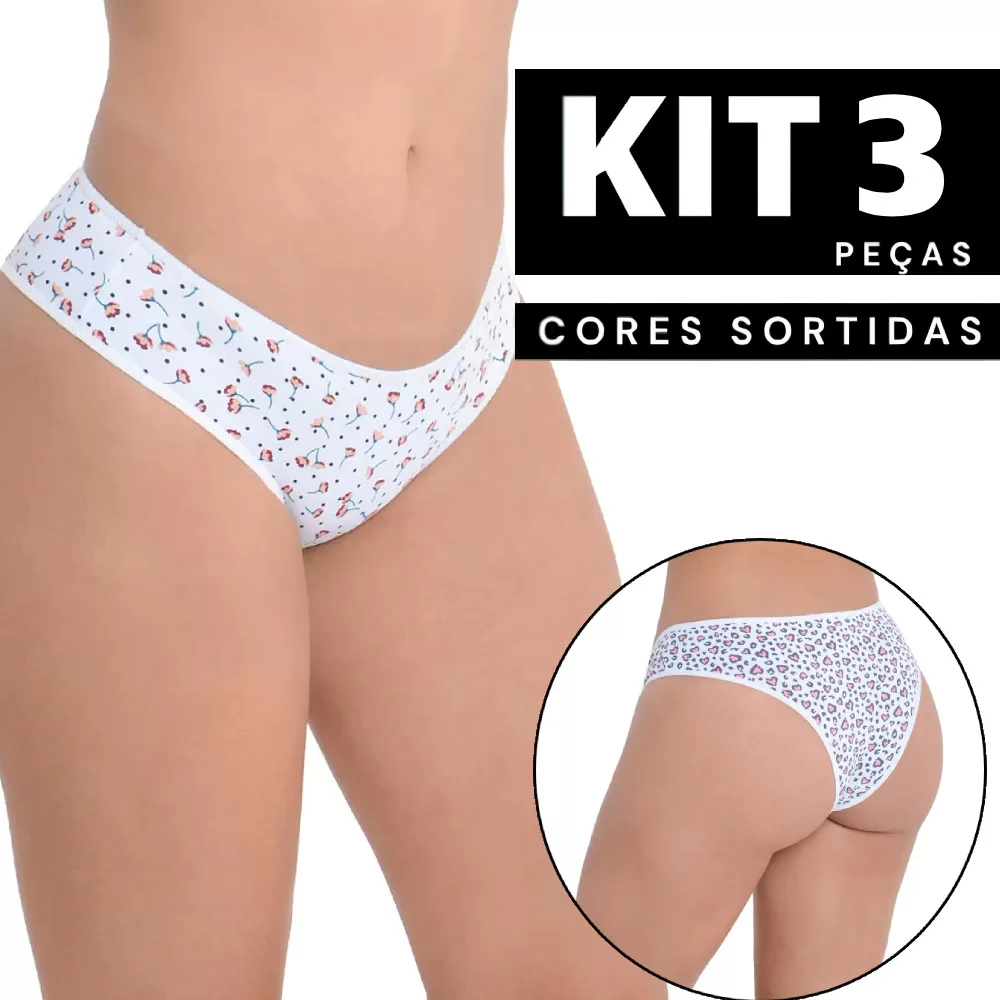 Kit 1 à 3 Calcinha Estampada Confortável Lingerie Barata Não Marca Antialérgico Desenho Respirável