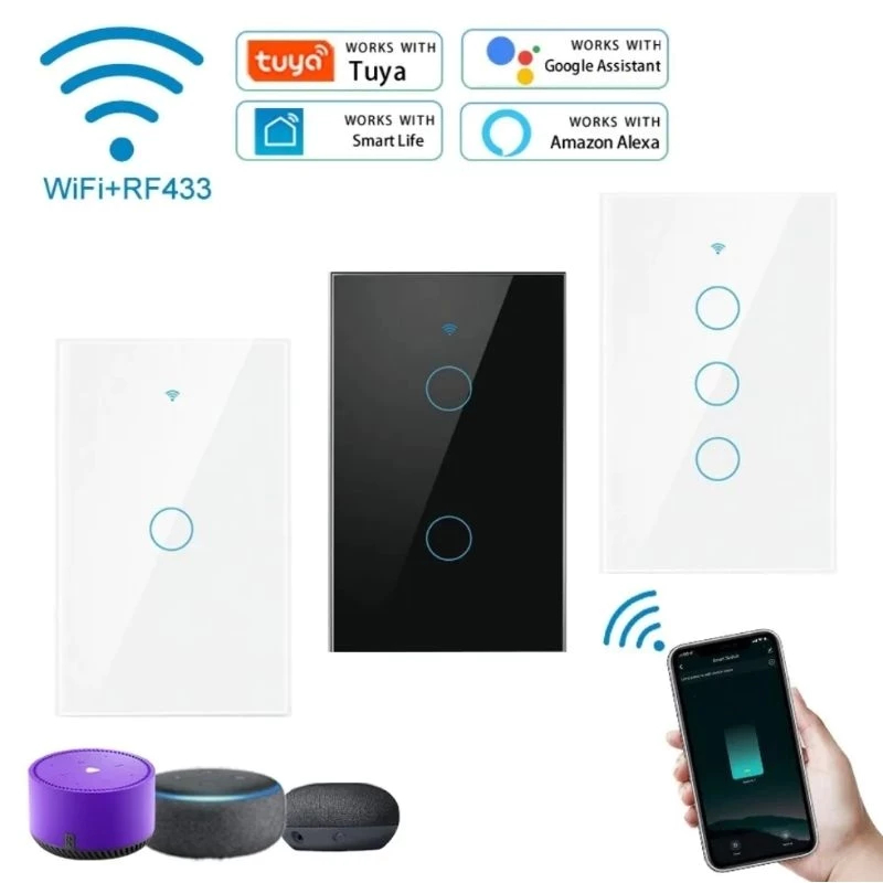 Interruptor Inteligente Touch 1/2/3/4 Botão WiFi Smart Automação,Compatível Alexa Google Smart Tuya