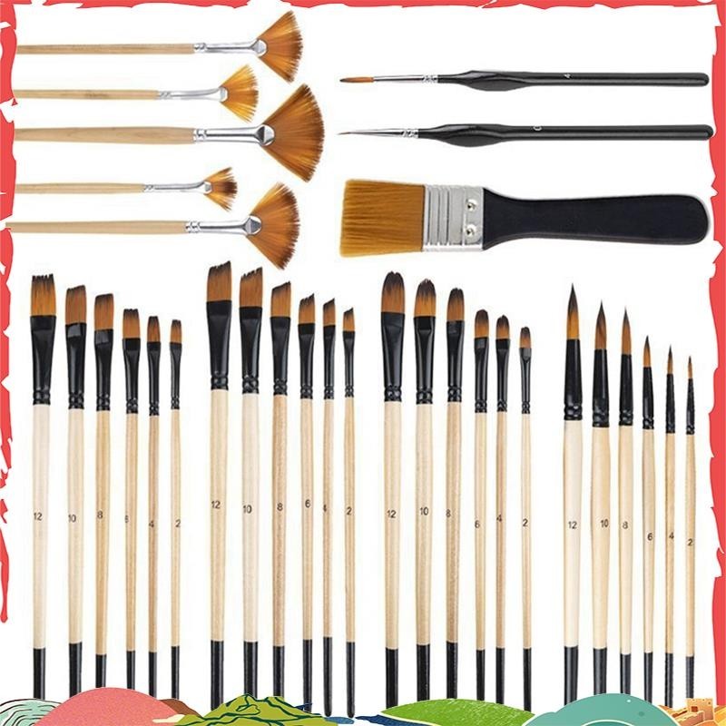 32Pcs Kit De Pincéis Para Pintura Acrílica , Cerdas De Nylon Premium Com Redondo , Filbert , Plano ,