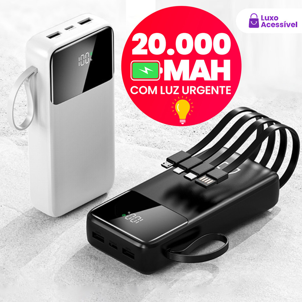 Power Bank 20000mAh: Carregamento Ultra-Rápido, Carregador Portátil, 4 Portas USB e Visor Digital